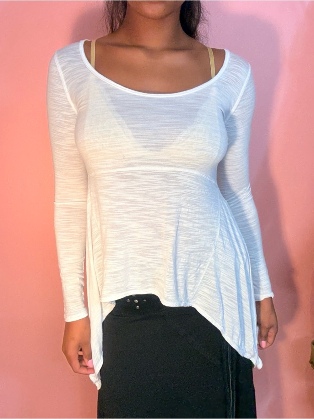 BCBGMaxAzria white sheer long sleeve top with asymmetrical hem